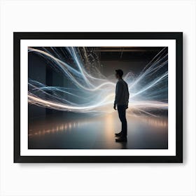 A Man Observes Flowing Lines Of Light In A Dark Room, Experiencing A Digital Art Installation Art Print