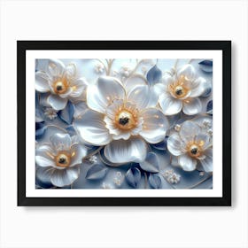 White Flowers On A Blue Background 2 Art Print