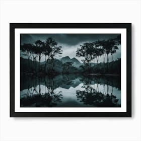 A Dark Lake Filled With Trees And Mountains Art Print