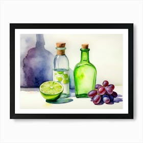 Lime and Grape near a bottle watercolor painting 20 Art Print