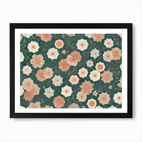 Pattern Of Pale Pink And White Flowers Arranged On A Dark Teal Background, Creating A Vintage And Romantic Aesthetic Art Print