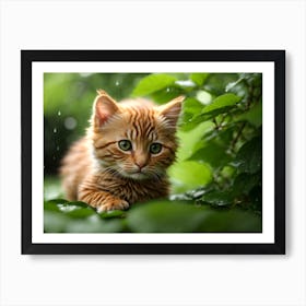 Kitten hiding behind green leaves In The Rain Art Print