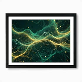 Abstract Background Of Swirling Liquid Colors In Teal, Brown, And Gold Tones, Resembling Ocean Waves Art Print