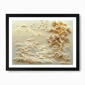 3d Chinese Landscape Art Background Golden Artwork Art Print