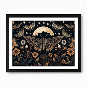 Moon And Butterflies Boho Art Print