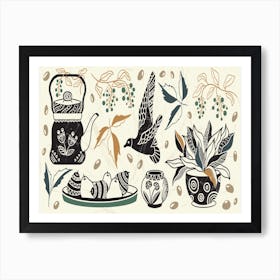 A Set Of Vintage Elements Folk Composition Including Pots Coffee Tea Beans Bird Abstract Flowers And Leaves Organic Abstraction Of Folk Inspired Motifs Rustic Style Of Illustration 1 Art Print
