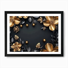 3d Artwork Illustration Background with Golden Jewelry and Flowers in Black 1 Art Print