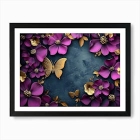 Purple Flowers With Gold Butterflies Art Print