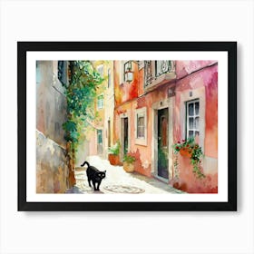 Lisbon, Portugal   Cat In Street Art Watercolour Painting 2 Art Print