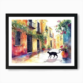 Valencia, Spain   Cat In Street Art Watercolour Painting 2 Art Print