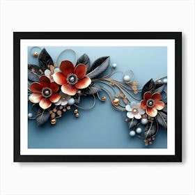 3d Artwork Illustration White and Blue Background with Golden Jewelry and Flowers Affiche