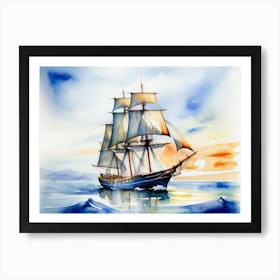 Sailing ship on the sea, watercolor painting 11 Art Print