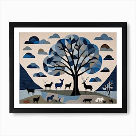 American Quilting Inspired Minimalist Folk Art with Sky Tones, 1370 Art Print