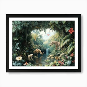 3d Jungle Scene With Exotic Animals 1 Art Print