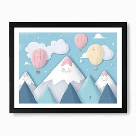 Hand Drawn Childish Art with Mountains, Balloons and Clouds 2 Art Print