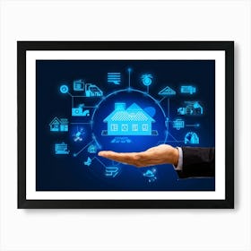 Artificial Intelligence Concept Visualized As A Hand Holding A Glowing Blue Diagram Of A Smart Home (3) Art Print