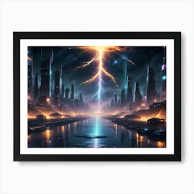 A Futuristic Cityscape With Towering Skyscrapers Is Illuminated By A Massive Bolt Of Lightning That Strikes The Center Of The Road Art Print