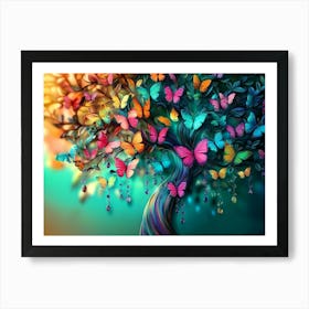 Vibrant Colorful 3d Abstracted Fantasy Butterfly Tree with Elegant Hanging Branches and Leaves Art Print