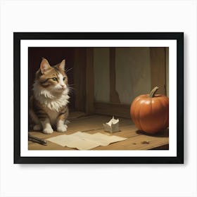 A Cat With A White Chest And Belly Sits On A Wooden Table With A Pumpkin, A Feather Pen, And A Piece Of Paper, Creating A Whimsical Scene Art Print