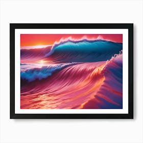 Abstract, Digital Art, Featuring A Scene Of Vibrant, Colored, Breaking Ocean Waves At Sunset Art Print