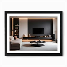 A Modern Living Room Interior With A Beige Sofa, A Round Coffee Table, A Tv, A Plant, And A Bookshelf Art Print