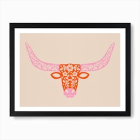 Floral Longhorn   Pink And Orange Art Print