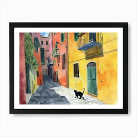 Black Cat In Salerno, Italy, Street Art Watercolour Painting 3 Art Print