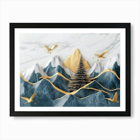 3d Modern Art With Christmas Tree, Golden Lines and Mountain And Birds In Blue Marble 1 Art Print