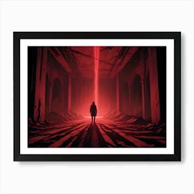 A Man In A Long Coat Stands In The Center Of A Large, Red, Stone Room Art Print