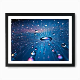 Macro Photograph Of Water Droplets On A Blue Surface, Illuminated To Reveal Iridescent Colors And Delicate Details Art Print