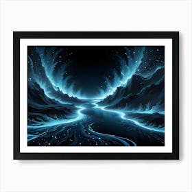 A Dark And Mysterious Landscape With Glowing Blue Lines Outlining Mountains And A River, Creating A Magical And Ethereal Atmosphere Art Print