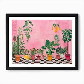 Potted Plants & Fruit Growing In A Greenhouse Pink Checkerboard Art Print