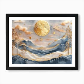 3d Modern Landscape Moon, Golden Christmas Trees with Colorful Mountains Art Print