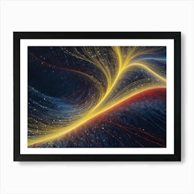 Abstract Swirling Lines And Particles In Gold, Blue, And Red Create A Dynamic And Energetic Space Scene Art Print