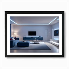 A Modern Living Room With A Blue Sofa, A Blue Accent Wall, And A Large Tv Art Print