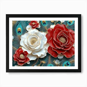 3d Design Illustration Seamless Pattern Diamond Painting White, Crimson, Turquoise and Golden Roses Flowers 1 Art Print