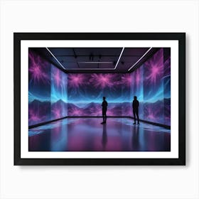 Two People Stand Silhouetted In A Dark Room With A Large Screen Displaying A Futuristic Landscape With Mountains And A Purple And Blue Sky Filled With Digital Lines And Particles Art Print