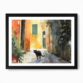 Black Cat In Palermo, Italy, Street Art Watercolour Painting 4 Art Print