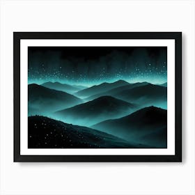 A Dreamy And Ethereal Image Of A Dark Mountain Range With A Glowing Blue Aurora Borealis In The Sky, Creating A Sense Of Wonder And Mystery Art Print