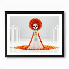 Girl Large Eyes Wreath Of Orange And White Flowers In Curly Hair Long Flower Adorned Dress Face Art Print