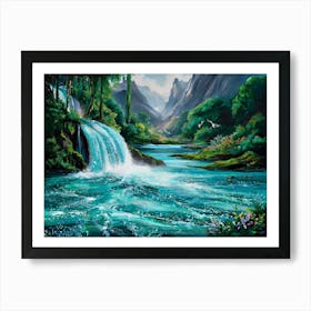 Mountain Waterfall Oil Painting #1 Art Print