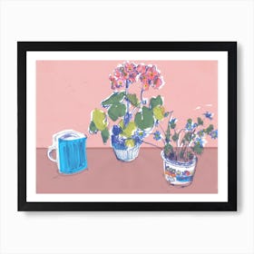 Blue Jug And Dancing Flowers  Art Print
