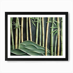 Beautiful 3d Bamboo Stalks Art with Jade Ripples in Calm Charcoal Art Print