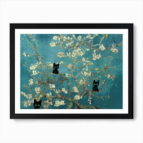 Art Almond Blossom With Black Cats, Vincent Van Gogh  Inspired Art Print