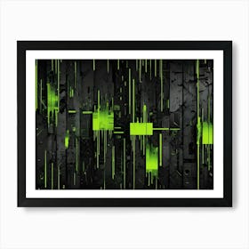 Abstract Image Featuring A Dark, Industrial Looking Background With Vertical Lines And Shapes, With Bright Green Accents Art Print