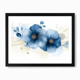 Elegant Abstract Blue Flowers with Golden Line Art Design Art Print