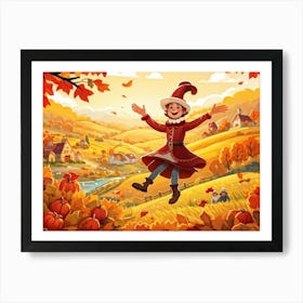 Cartoon Illustration Of A Joyful Feathered Pilgrim Character Adorned With A Traditional Happy Hat Art Print