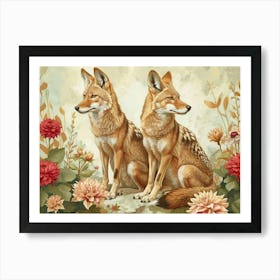 Floral Animal Illustration Coyote 1 Art Print