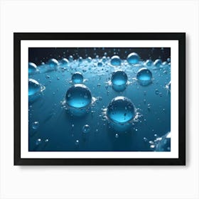 A Macro Shot Of Several Water Droplets Suspended On A Blue Surface, Creating A Sense Of Depth And Ethereal Beauty Art Print