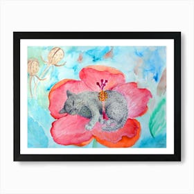 Cats Have Fun Sleeping Spotted Gray Cat In A Hibiscus Flower Art Print